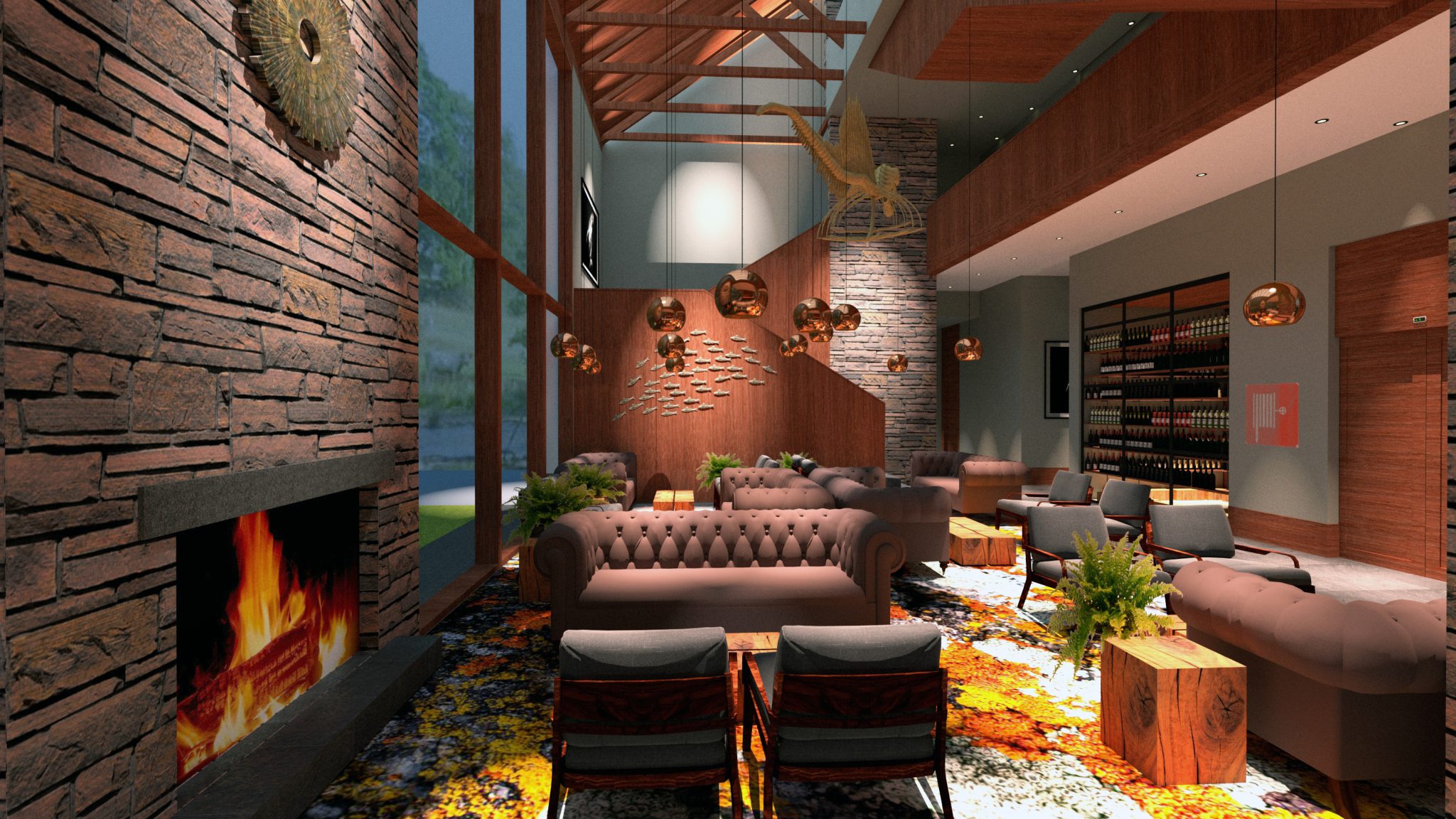 Lobby lounge salon tapis incrusté décor mural bois feu ouvert