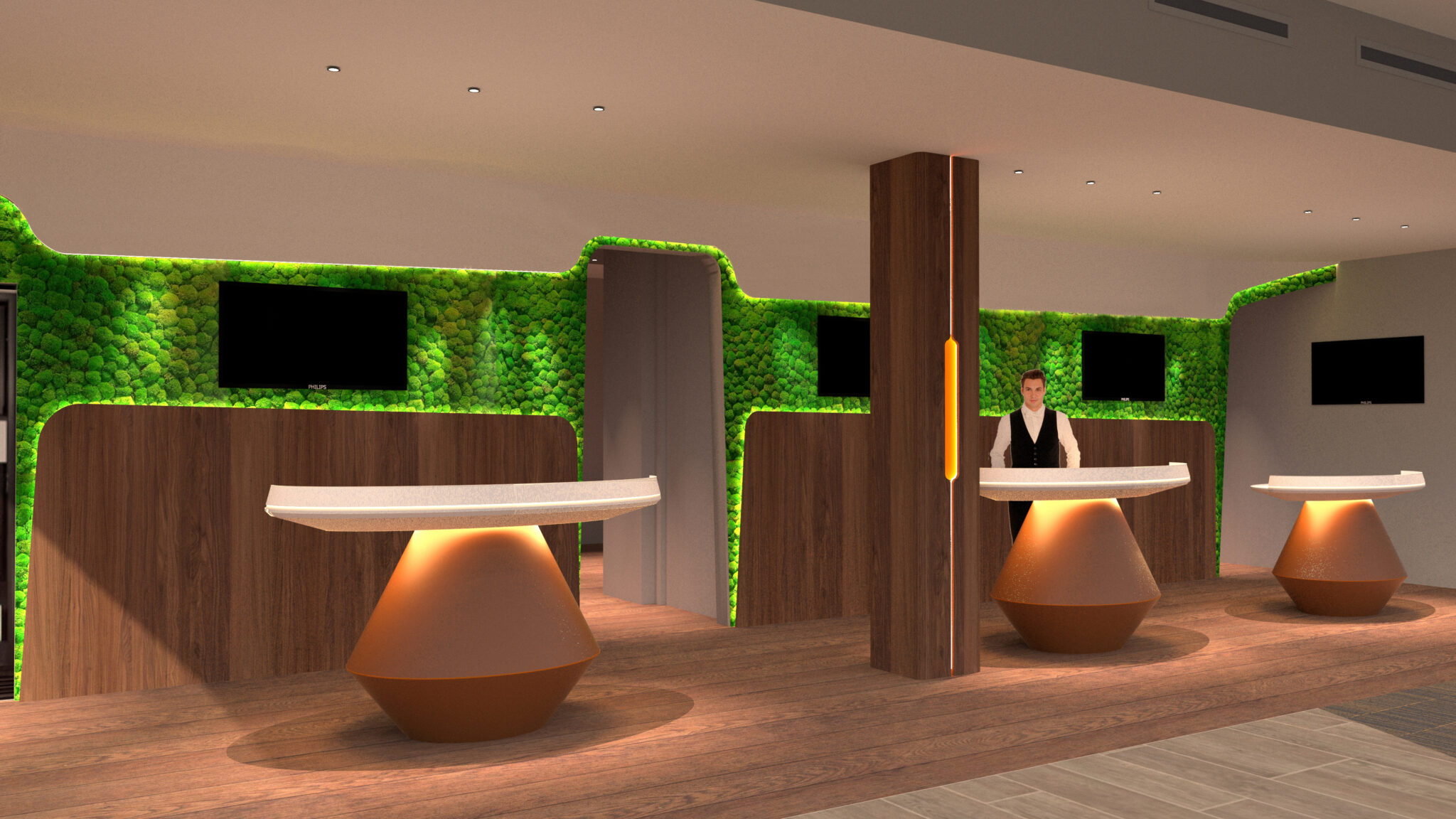 Lobby réception mur végétal desk accueil panneau décor bois noyer rampe LED