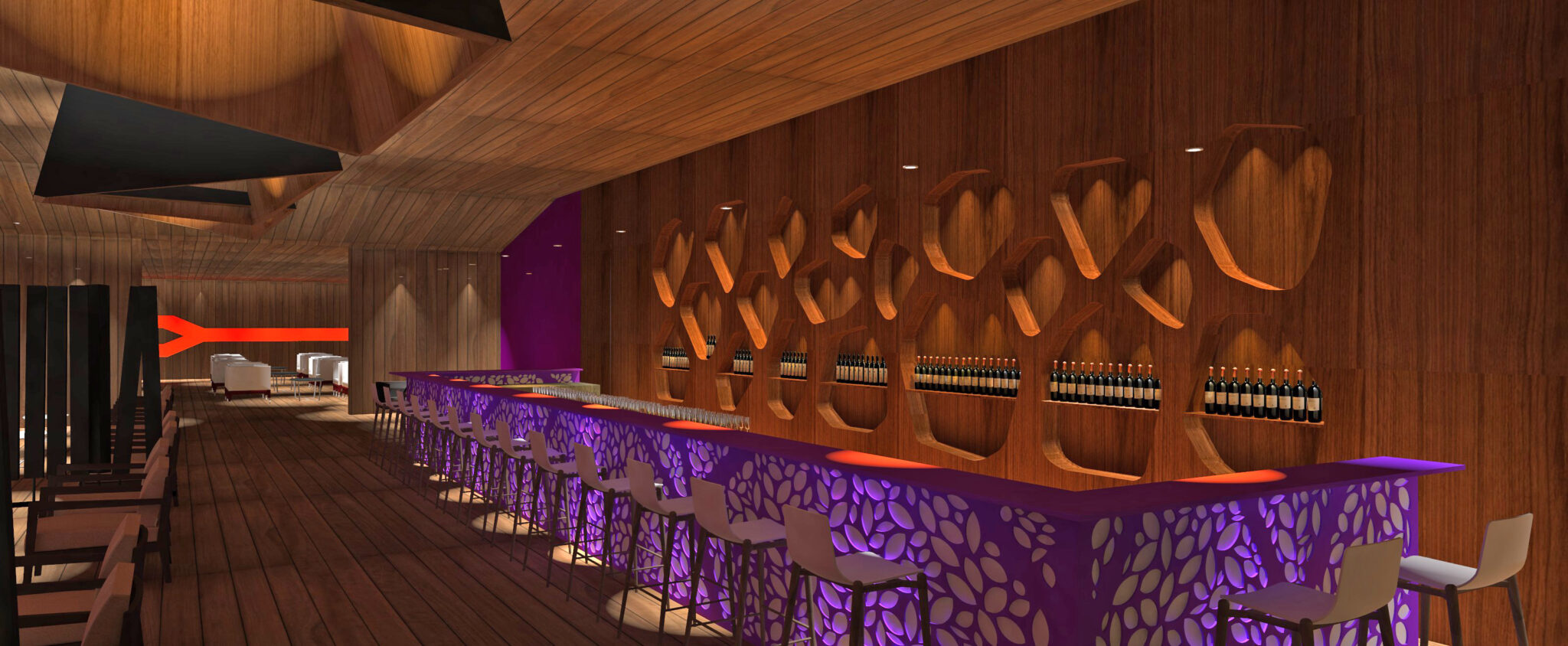 Lounge bar décor métallique laqué et bois noyer plafond et sol parquet bois