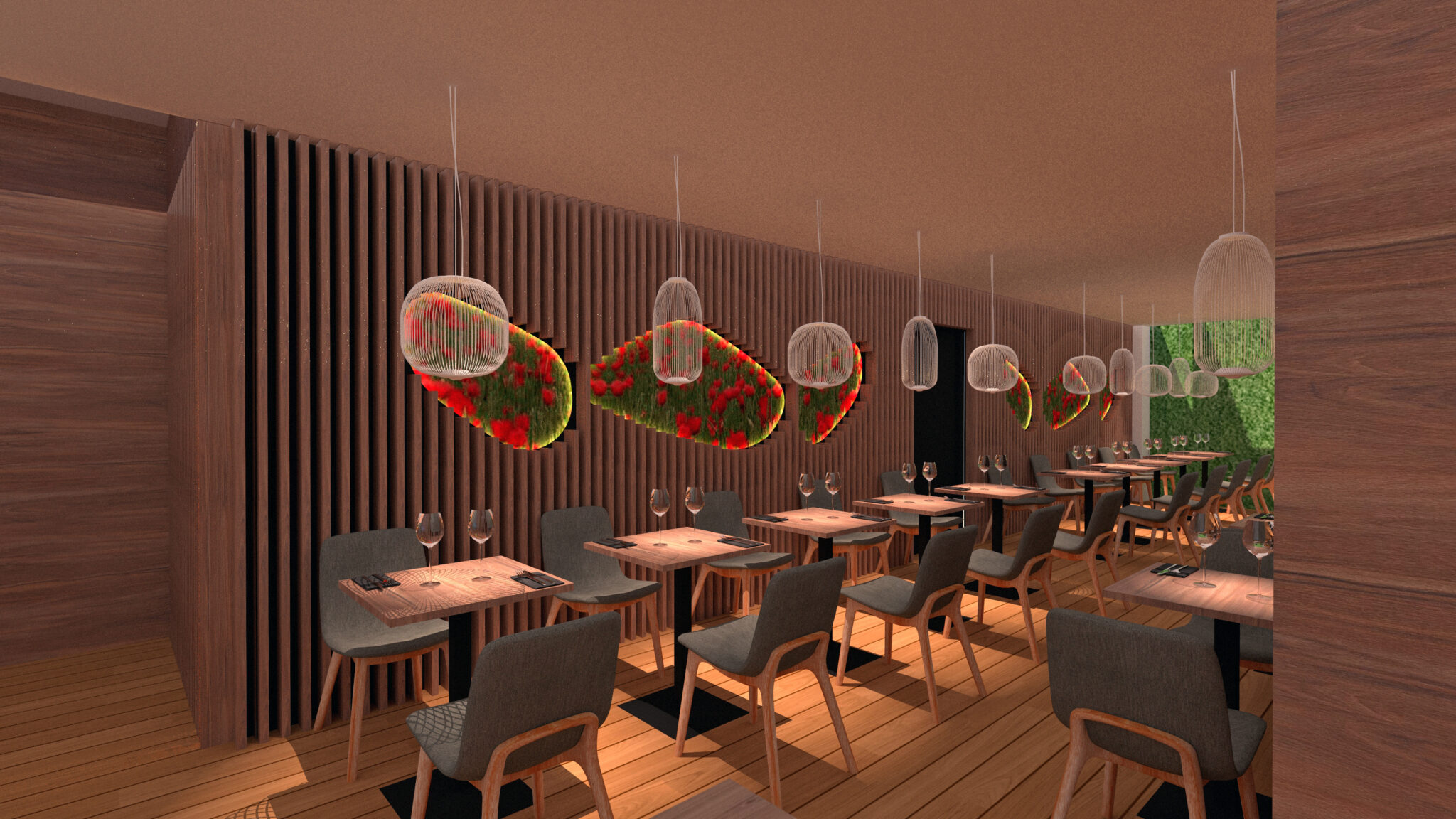Restaurant Bepositive décor bois et cadre fleuri rétroéclairage led