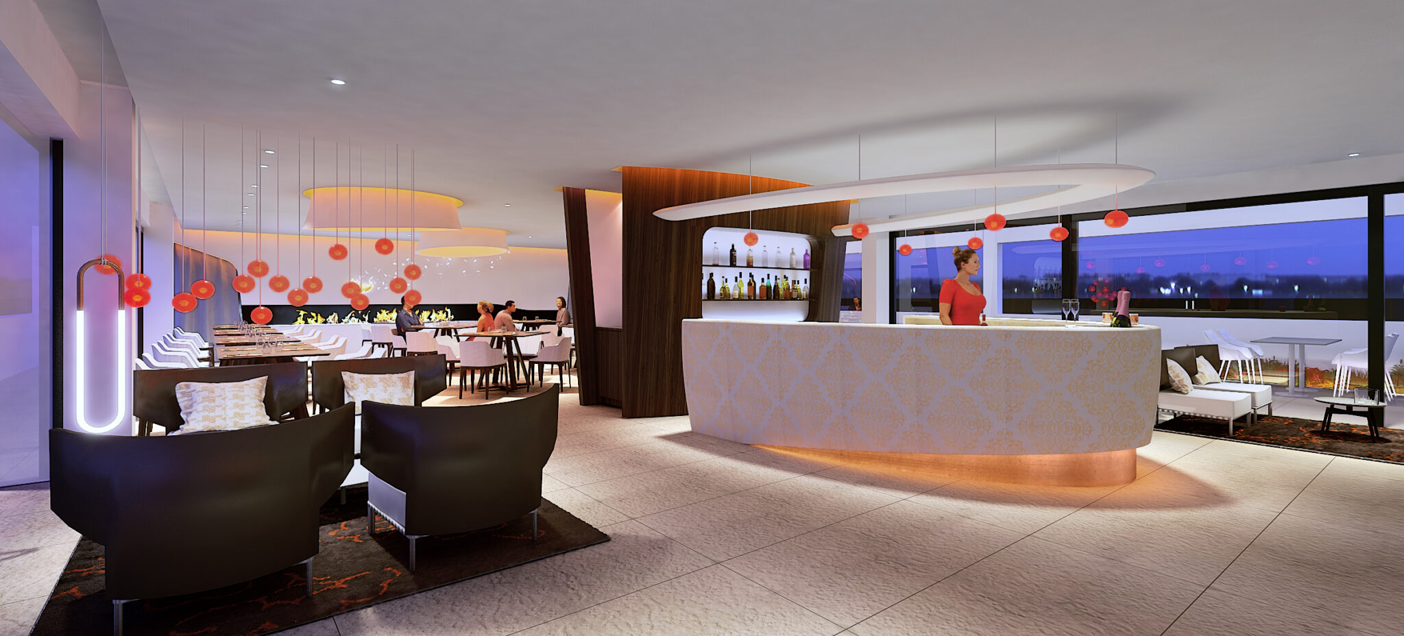 Restaurant Fero bar corian et cuivre décor bois noyer jeu de lumière LED salon