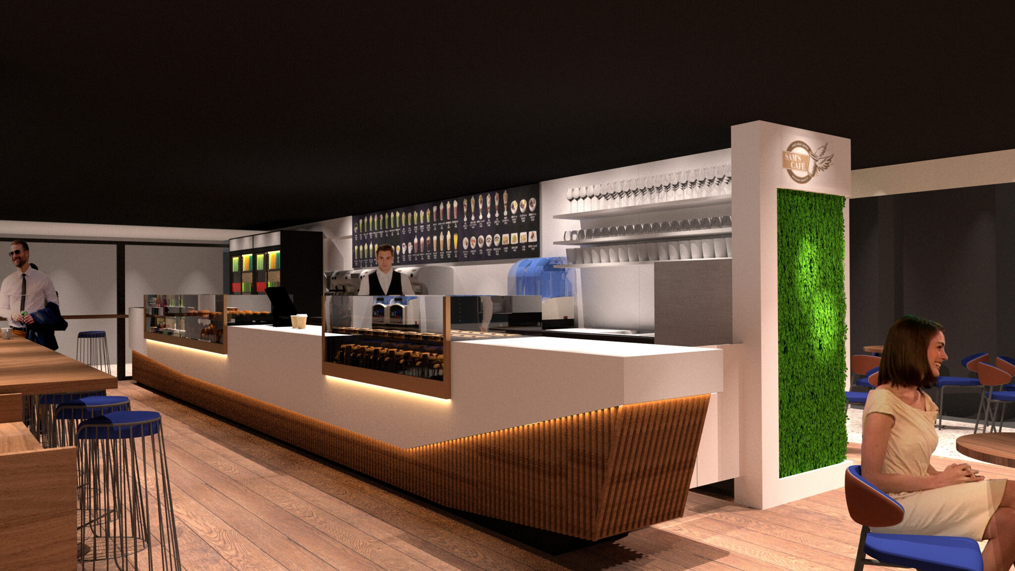 Restaurant décor bois mur végétal comptoir frigo bois rétroéclairé