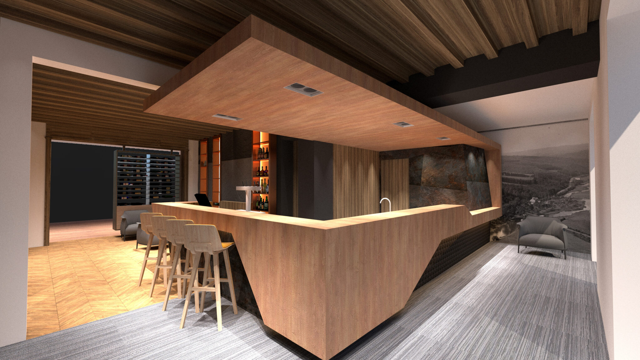 bar décor bois et pierre schiste intégration matériaux canopy bois